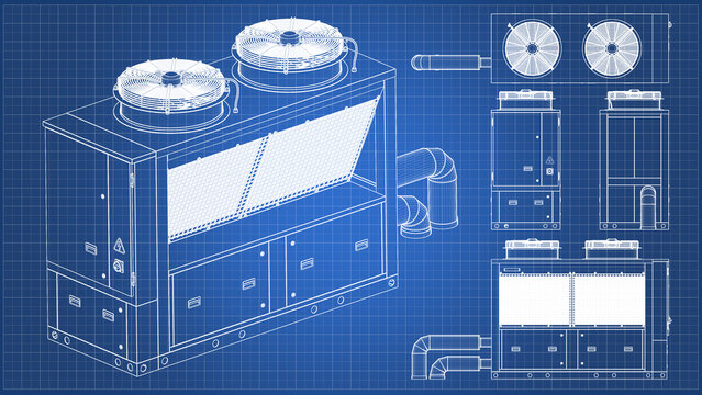 Rooftop AC system - Chiller. Blueprint. Rooftop Air Conditioning Unit. Cooling tower. Front, Side and Top view. 3D Mesh, Sketch, Vector style or Drawing. 3D rendering isolated on blue background. 