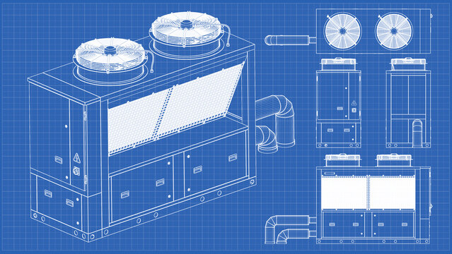 Chiller &ndash; technical blueprint. Rooftop air conditioning unit with cooling tower. Front, side, and top views. 3D Mesh, Sketch, Vector style or Drawing. 3D rendering isolated on blue background. 