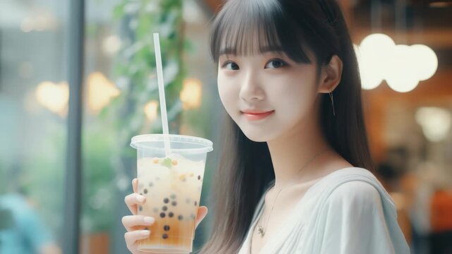 Smiling woman holding boba tea, indoor cafe setting.