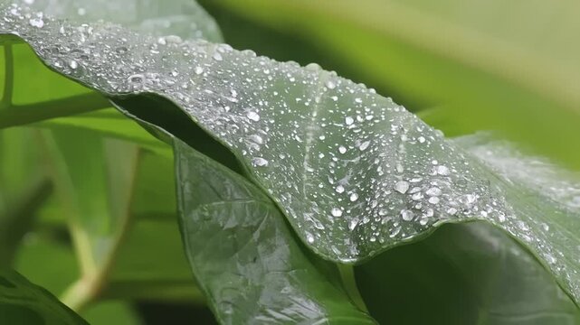 Rain falls, pouring on the taro leaves