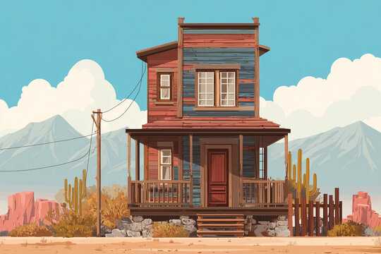 Wild West House in Cartoon Style, Old Western Building and Vintage Frontier Concept