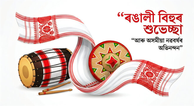 Rongali Bihu festival celebration with traditional Assamese drum and decorative plate