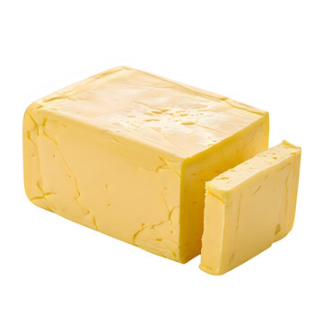 A block of butter with a slice cut off.