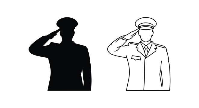 Military salute vector icons, soldier and officer saluting, black silhouette, line art
