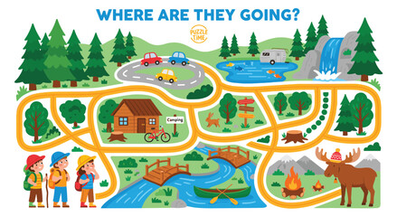Fototapeta premium Children navigating a forest maze to reach campsite. Featuring hikers, trees, river, bridges, cars, camper, waterfall, and campfire, a fun outdoor adventure puzzle.
