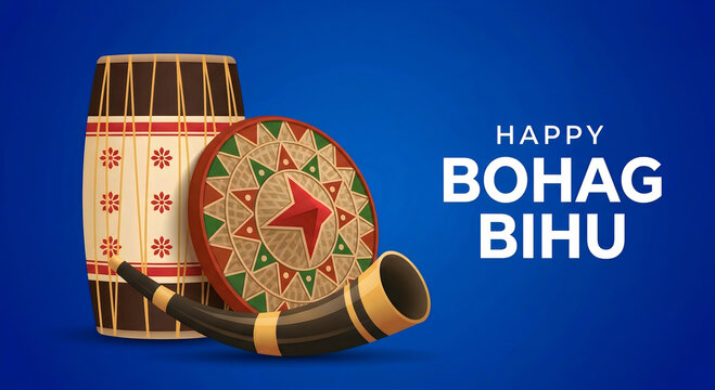Happy Bohag Bihu festival celebration with traditional Assamese instruments