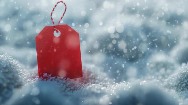 Red gift tag in the snow, indicating sale. Christmas shopping concept.