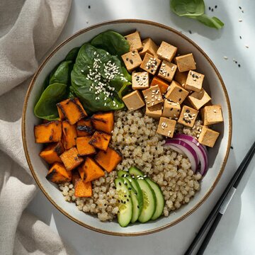 Tofu And Veggie Buddha Bowl. Flexitarian. Healthy Food. Overhead shot of a buddha bowl filled with tofu cubes, quinoa, spinach, roasted sweet potatoes, and sesame seeds, set on a minimalist table
