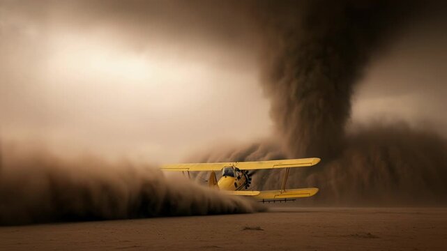 Yellow biplane taxiing on dust field near large tornado. Pilot maneuvering aircraft in extreme weather storm. Aviation disaster and climate catastrophe concept.
