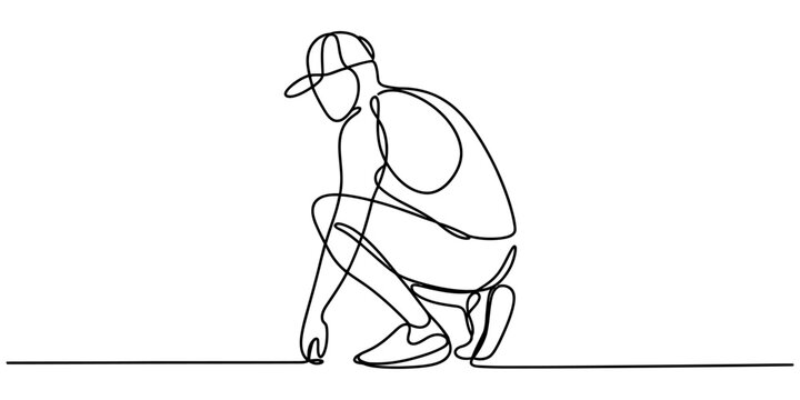 A continuous line drawing of a person wearing a cap while crouching down to touch the ground area
