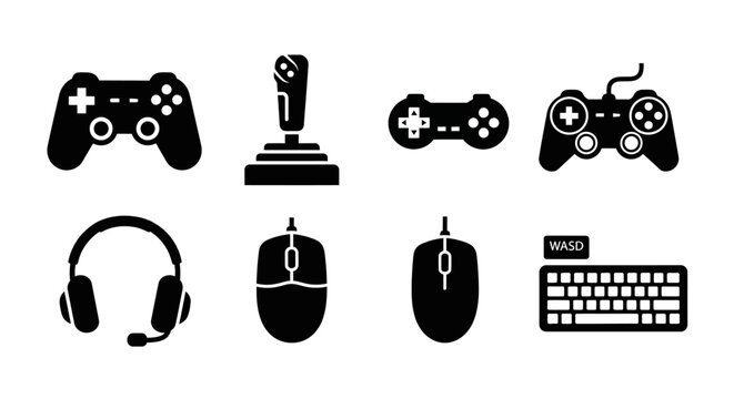 Gaming Accessories Icons: Joysticks, Controllers, Headset, Mouse, Keyboard