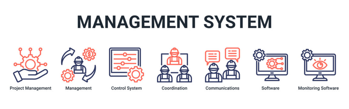Management System web banner icon vector illustration with icons of Project Management,Management,Control System,Coordination,Communications,Software and Monitoring Software