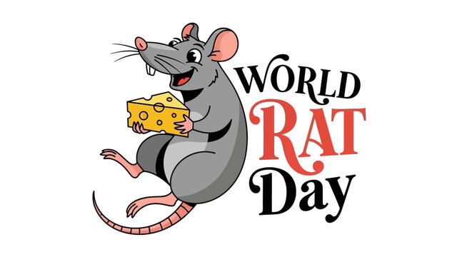 Illustration of a cute gray rat holding cheese on World Rat Day with a vector design on a white background.