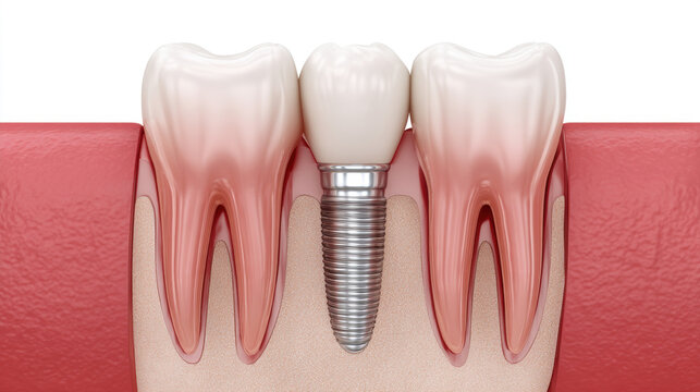 Dental implant replacing missing tooth between natural teeth in gum. Clean medical illustration showing implant integration and oral restoration.