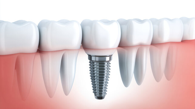 Dental implant replacing missing tooth between natural teeth in gum. Clean medical illustration of tooth restoration and oral structure.