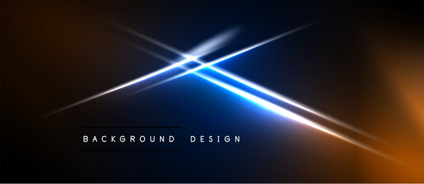 Abstract background features bright lines, gradients. Blue light intersects orange hues, creating dynamic visual effect. Text reads background design.