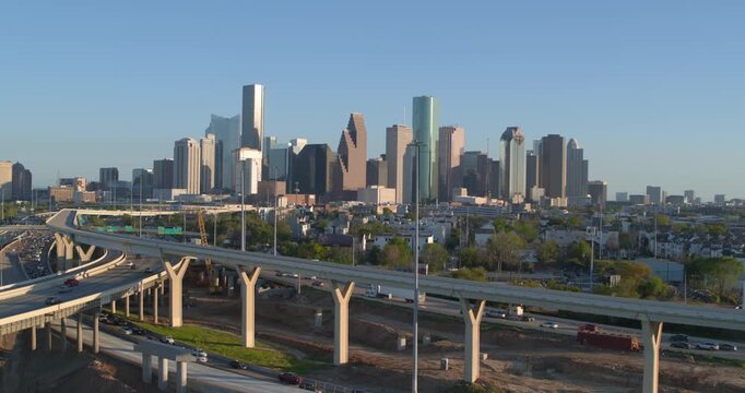 Aerial Establishing Shot &ndash; Houston Skyline Seen from I-45 North Construction Zone