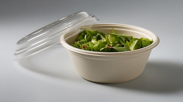 Healthy green salad in an ecofriendly compostable takeaway bowl with a clear plastic lid aside, studio shot, isolated on white background