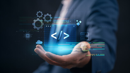 Low code no code development and programming concept with professional presenting virtual coding ai...