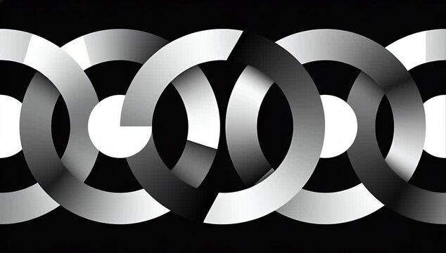 Geometric circle pattern seamless background looping design with metallic ring chain effect abstract monochrome minimal art texture gradient motion dynamic flow energy harmony on dark modern backdrop