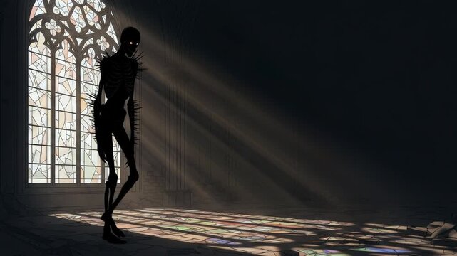 Spindly shadow monster standing in dark gothic church. Silhouette of terrifying creature in light beam from stained glass window. Creepy horror scene animation.