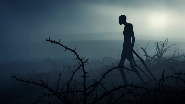 Scary monster walking through dark foggy field. Creepy tall creature moving in dim landscape at night. Horror illustration of supernatural entity in gloomy mist.