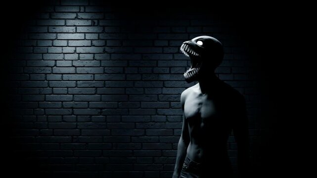 Scary monster with sharp teeth and glowing eyes appearing in dark room. Creepy creature standing near brick wall. Cinematic horror concept for thrill sequence.