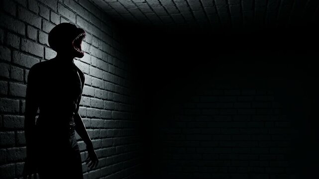Scary creature with gaping maw standing in dark corridor. Sinister monster haunting shadowy brick room. Terrifying supernatural entity evoking fear and horror emotion.