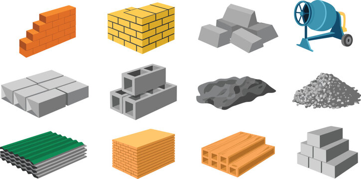 Construction materials isometric set with bricks blocks cement gravel sand concrete mixer vector illustration building supplies collection industry assets