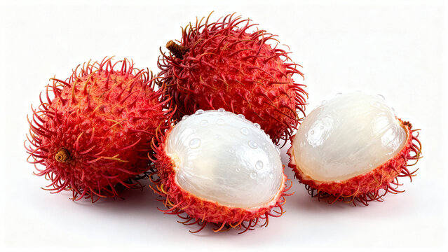 Fresh Rambutan Fruits Whole and Peeled Isolated on White