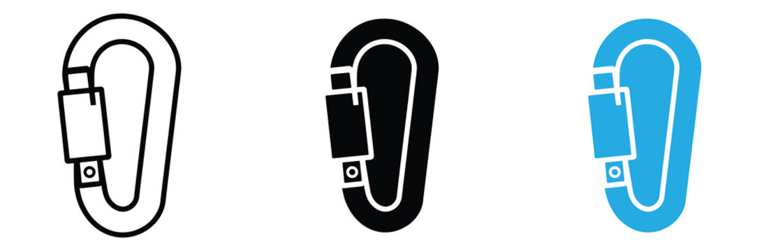 Carabiner Icon Set for Climbing Equipment Mountaineering Gear and Security Connection Symbols