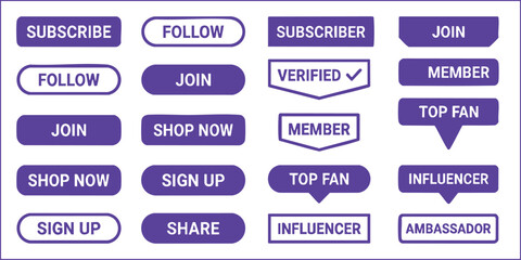 Fototapeta premium Purple social media UI buttons for subscribe, follow, and join vector illustrations.