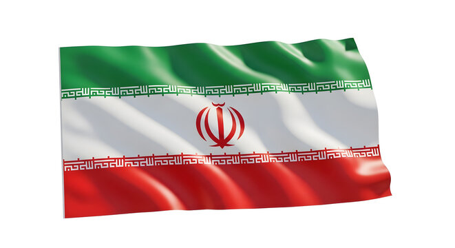 Waving national flags of Iran, A national flag with green, white, and red horizontal stripes, featuring a stylized red emblem in the center and intricate white script bordering the central band

