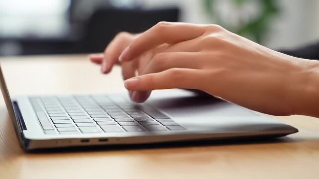 dynamic video of anonymous hands rapidly typing on a sleek silver laptop keyboard on a clean modern desk, shallow dof and soft lighting accentuating fluid movement. professional productivity concept