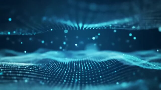 Wide, elegant establishing video of an infinite, softly lit digital expanse with undulating blue and cyan light streams composed of ethereal glowing particles, tracked by a slow cinematic dolly