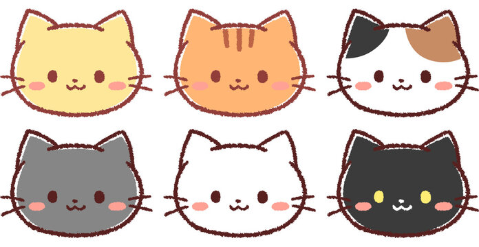 【手描き風ねこセット】Set of cute kawaii cat faces, simple pastel cartoon style, isolated on transparent background