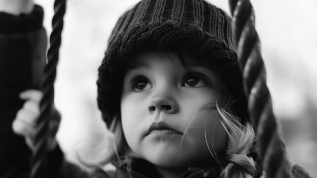 A young child with a pensive look, possibly waiting for her turn on the carousel.
