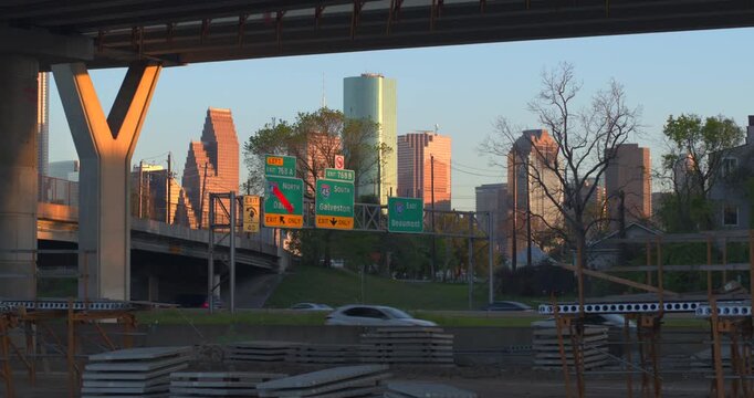 Aerial Establishing View &ndash; I-45 North Traffic Flowing Past Downtown Houston Skyline