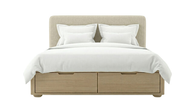 Modern oak bed frame with storage drawers and upholstered headboard