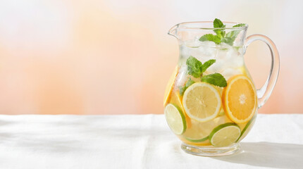 Fototapeta premium Refreshing citrus and mint infused water in a glass pitcher with ice