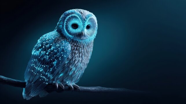 Glowing blue owl perched on branch with bioluminescent feather pattern 