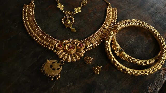 Gold prices in India are significant as an economic indicator and cultural cornerstone. As the largest consumer, the rising prices of old, vintage, expensive Indian-style gold jewelry. shiny necklace.