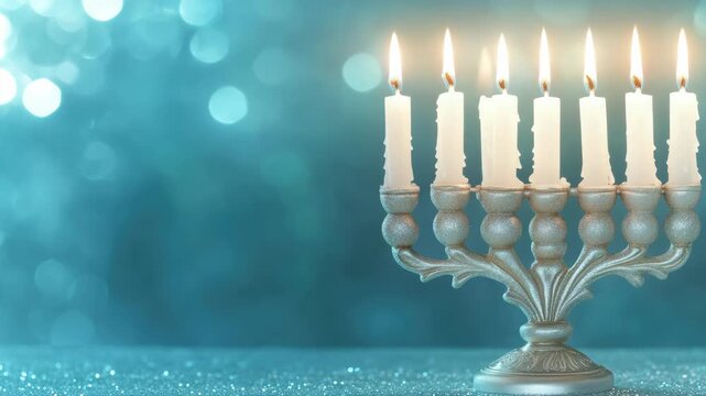 Brightly lit Hanukkah menorah with many candles, symbolizing joy and the Festival of Lights.