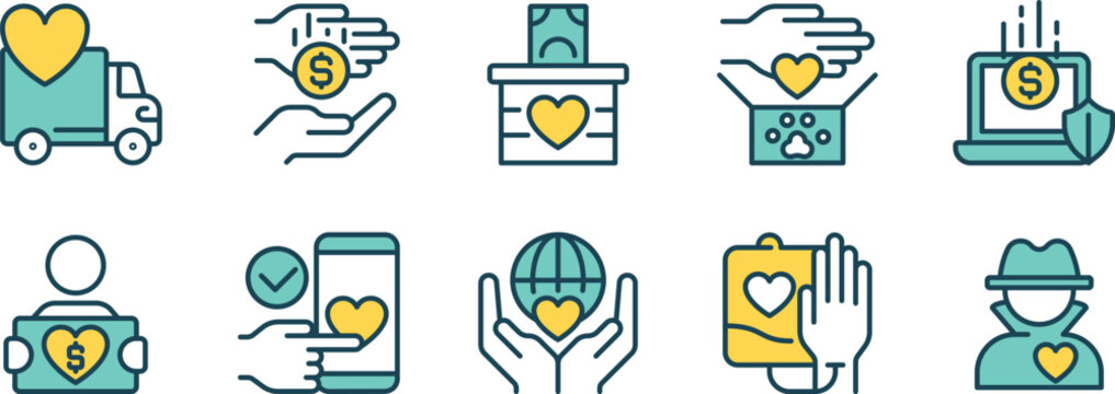Illustrations depicting various aspects of charitable giving and support