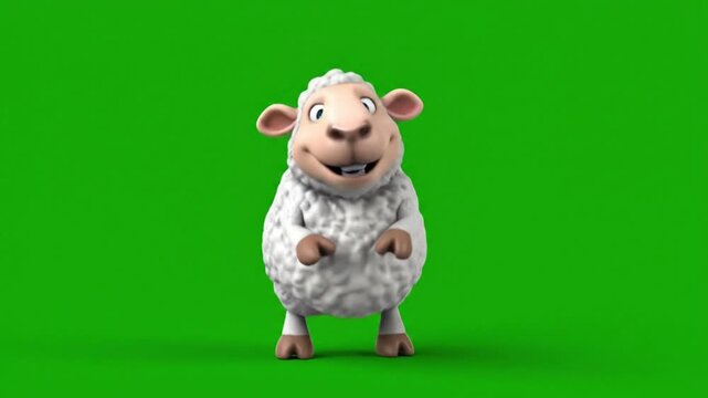 A cheerful cartoon sheep standing with hands clasped against a solid green background with a playful mood.