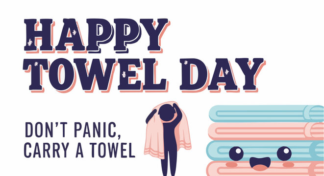 Colorful towels in cartoon illustration with happy towel day message in playful humorous style for social media