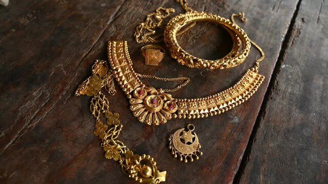 Gold prices in India are significant as an economic indicator and cultural cornerstone. As the largest consumer, the rising prices of old, vintage, expensive Indian-style gold jewelry. shiny necklace.