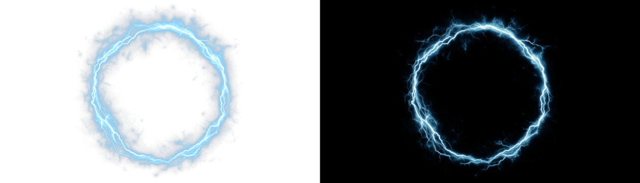 Glowing blue vortex ring with electric lightning arcs and plasma energy effects, dynamic sci-fi portal isolated on split background.