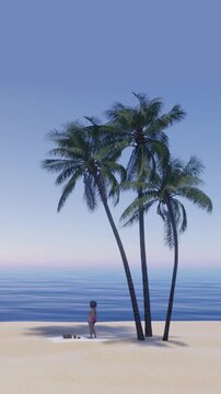 Vertical video showing a woman standing on a sandy beach near palm trees. Perfect for travel, relaxation, summer, vacation, and tropical lifestyle projects.