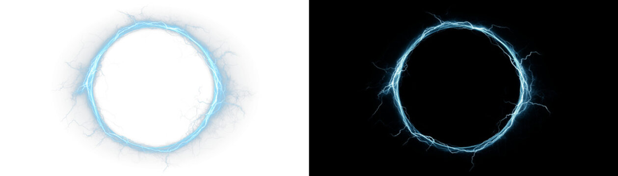 Bright glowing plasma halo ring with lightning bolts and electric sparks, futuristic circular portal isolated on split background.